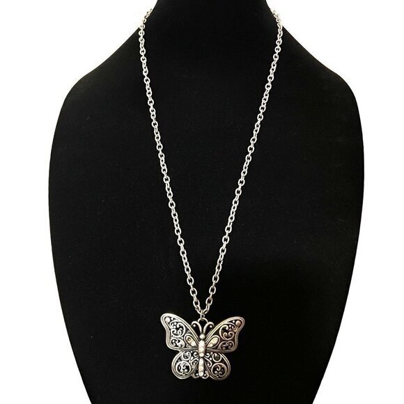 Opera Necklace Silver Tone Chain Butterfly Pendant 28 in - Picture 4 of 5